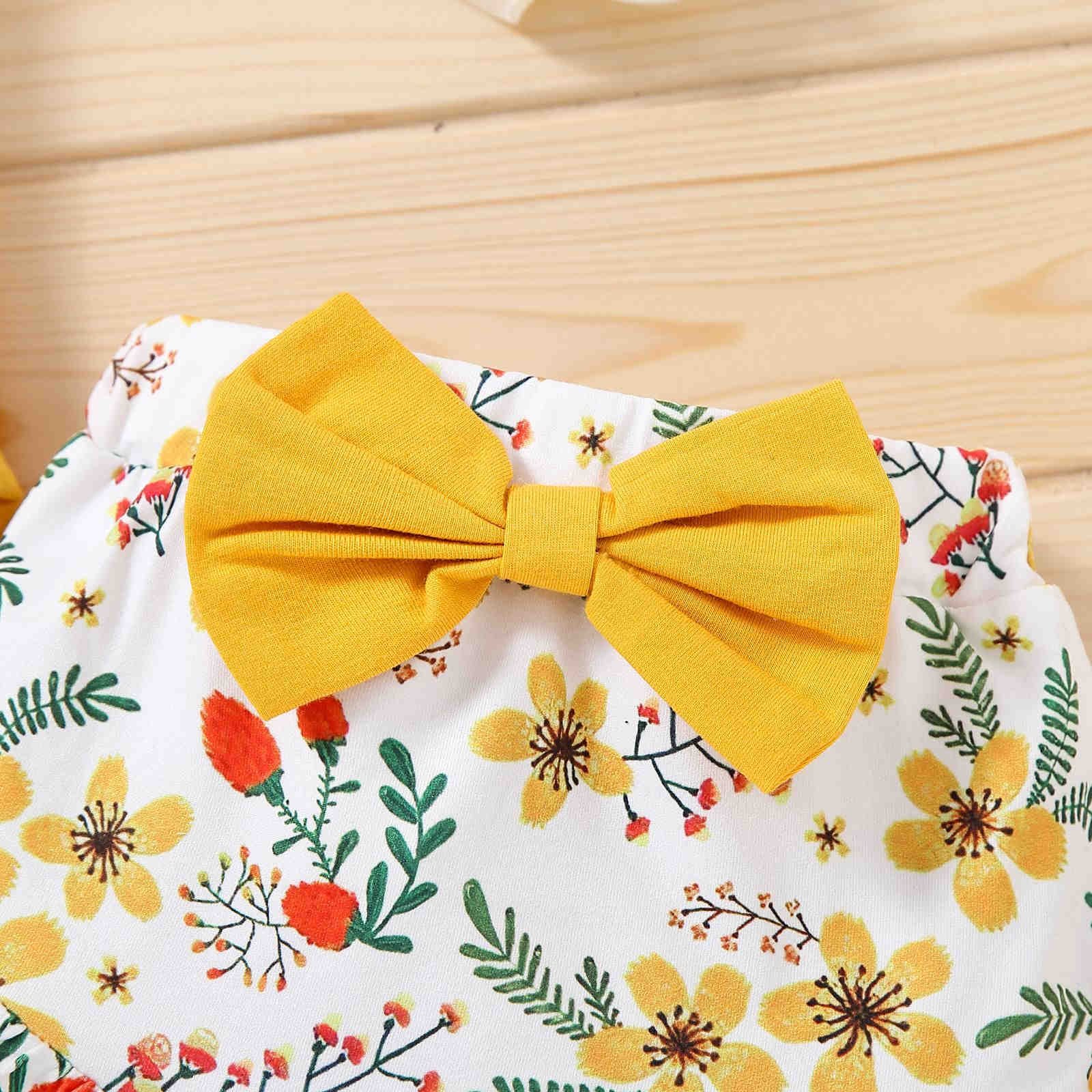 Baby Girl Summer Clothes Set Toddler Girl Romper Outfit Infant Girls Flower Print Romper + Big Bow Shorts Clothing Set
