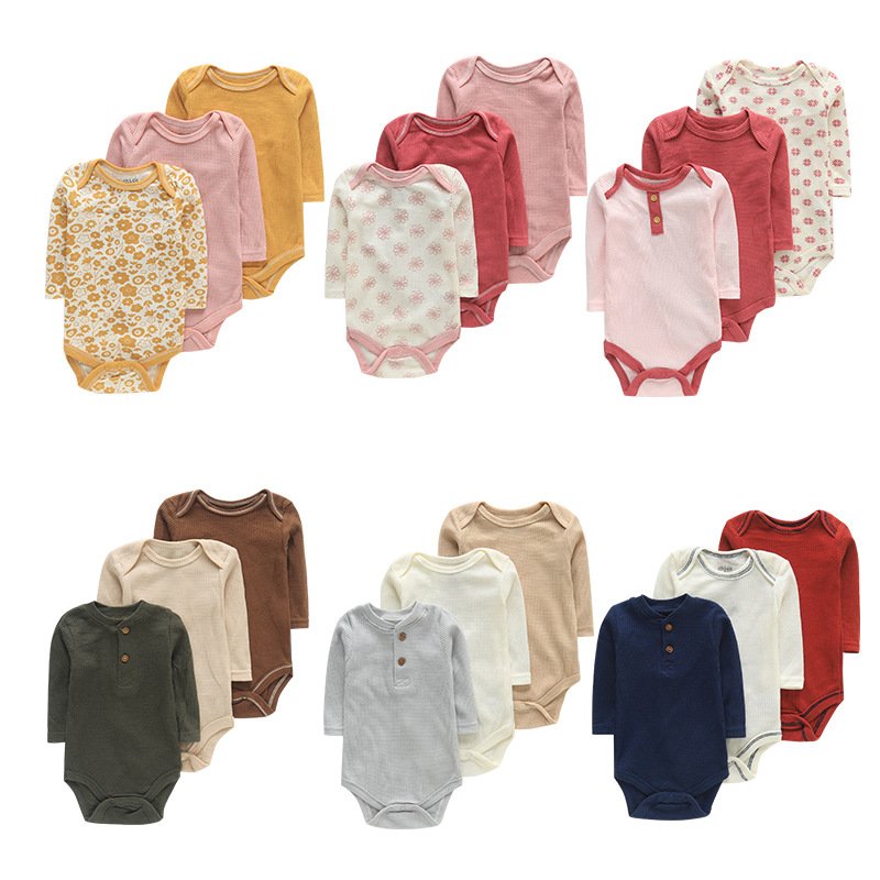 Wholesale Ribbed Baby Romper Long Sleeve Fold Over Cuff Snap Crotch Newborn Baby Bodysuit Romper