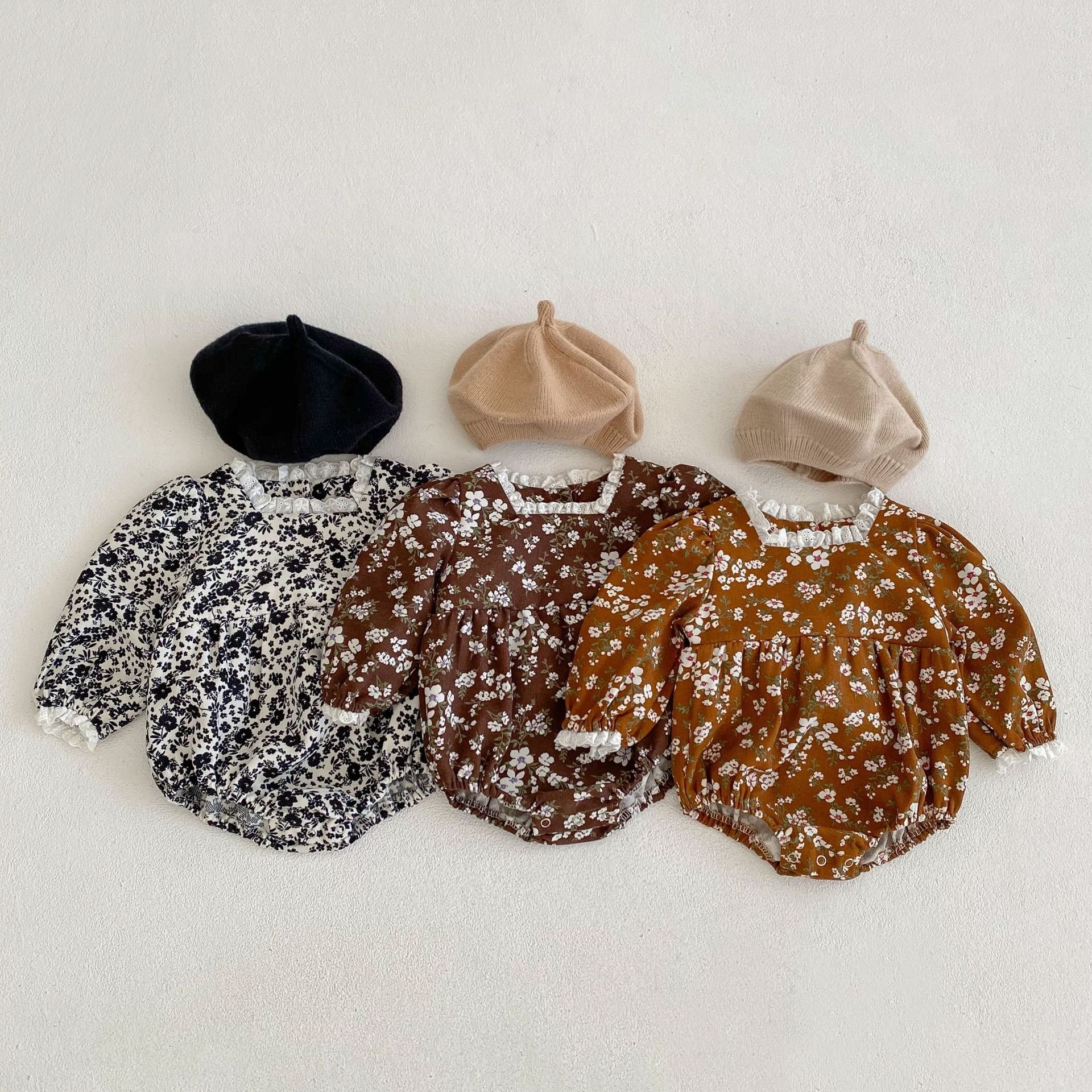 2024 spring and autumn cotton baby clothing long sleeve baby floral Jumpsuit lace collar rompers