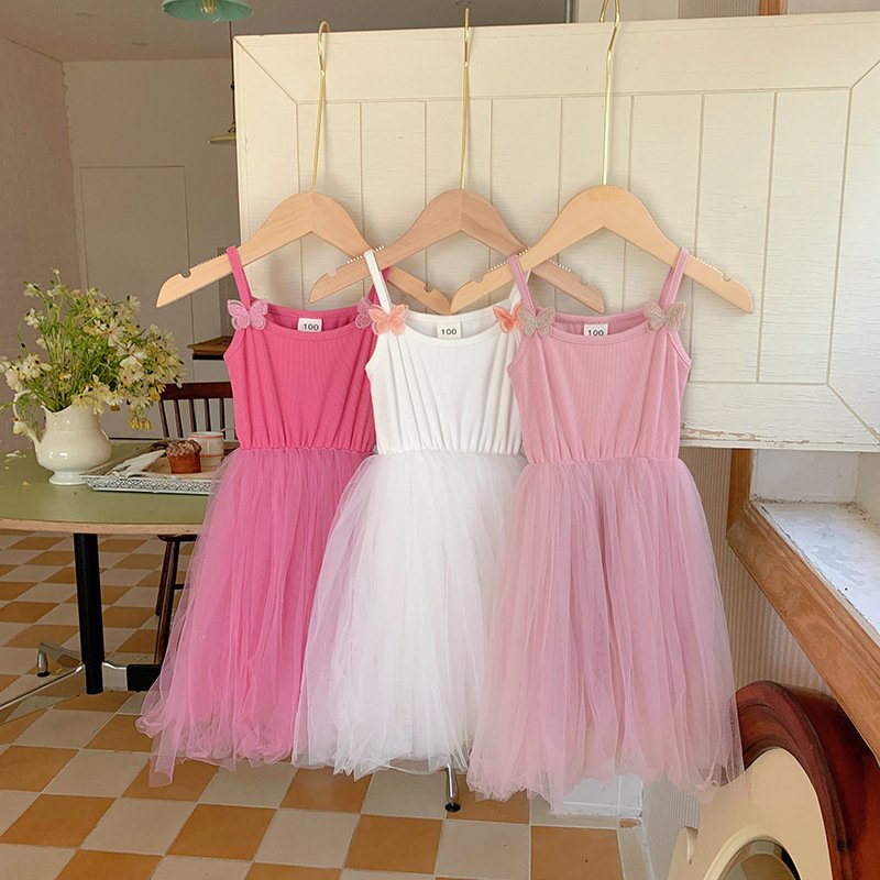 HIPPO KIDS Summer Suspender Skirt Butterfly Baby Tulle Dress 6 Colors Spaghetti Strap Girls Frock