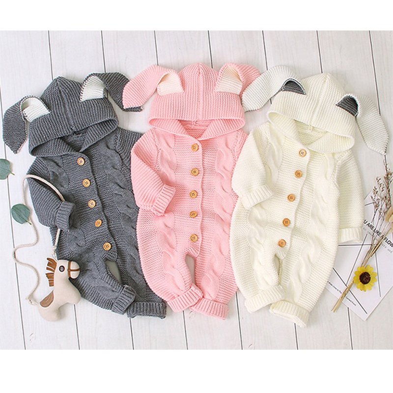 Newborn Baby Rabbit eEar Hooded Knitted Romper Snowsuit Bodysuit Overalls For Boy Girl Hooded Baby+Rompers Knit Baby Rompers