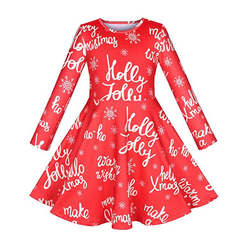Children's long knitted holiday frocks Kids girls Christmas Printed Knee Length swing Red Dresses christmas baby clothes