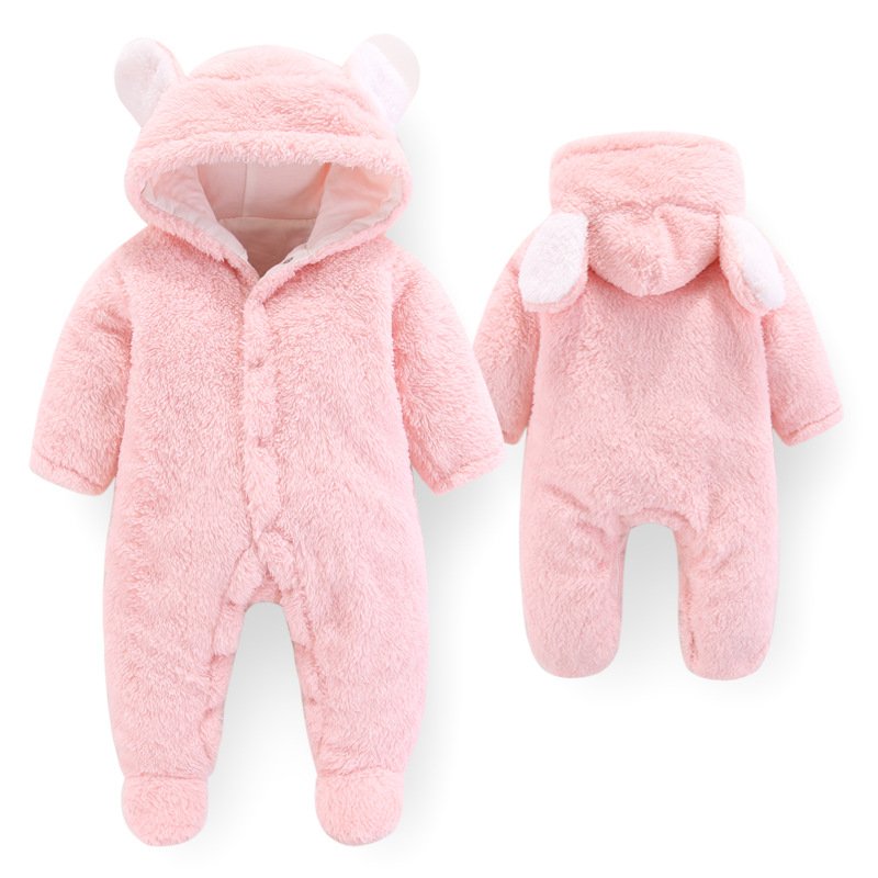 Rarewe Newborn Baby Clothes Onesie Animal Ear Button Down Velvet Toddler Infants Baby Plain Hooded Rompers For Fall Winter