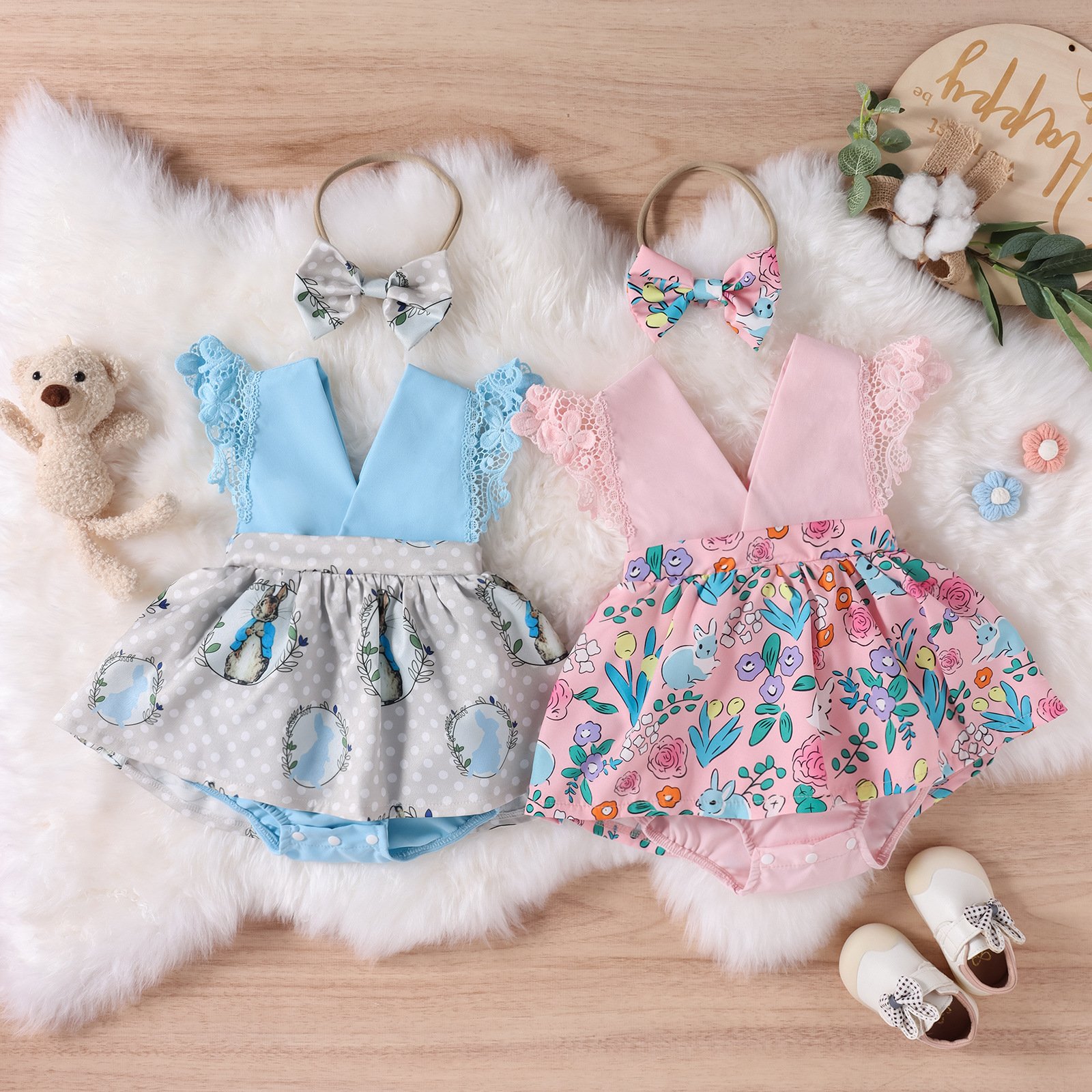 custom logo summer lace newborn jumpsuits children baby girl dresses clothing sets clothes floral baby rompers with headband