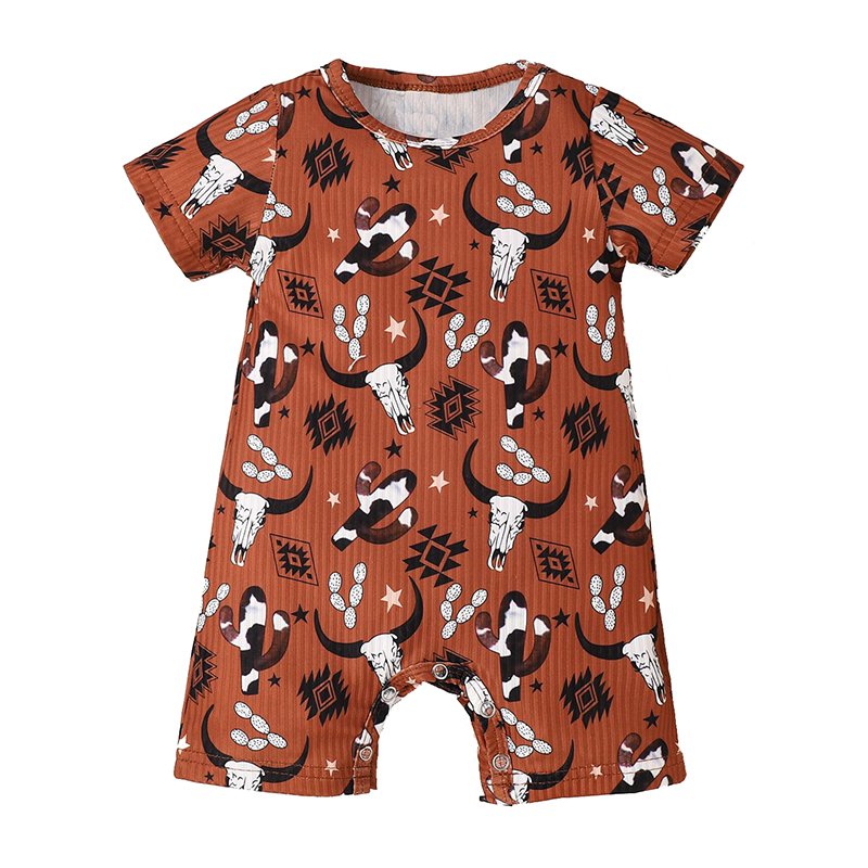 Custom Cowboy Print Ribbed Knit Infant Toddler Short Sleeve Soft Kids Baby Rompers Knitted Boy Jumpsuit For Baby Boy