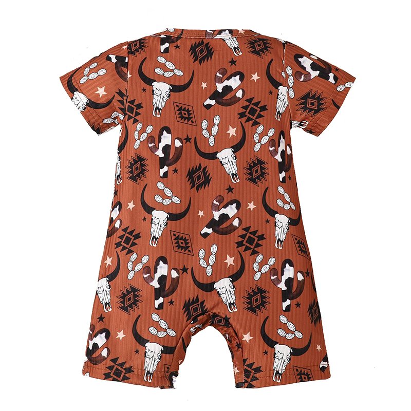 Custom Cowboy Print Ribbed Knit Infant Toddler Short Sleeve Soft Kids Baby Rompers Knitted Boy Jumpsuit For Baby Boy
