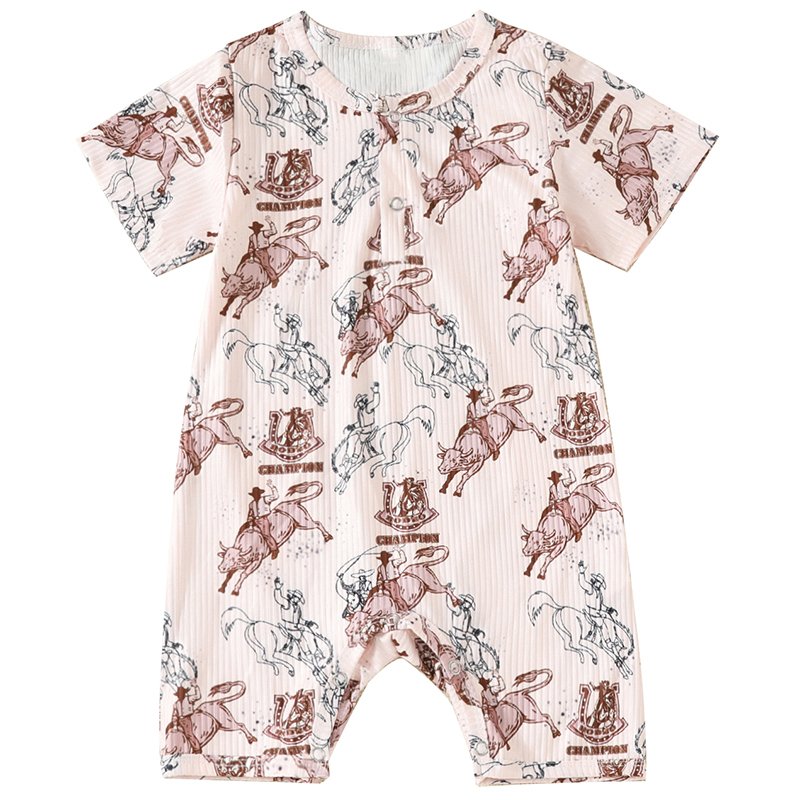 Custom Cowboy Print Ribbed Knit Infant Toddler Short Sleeve Soft Kids Baby Rompers Knitted Boy Jumpsuit For Baby Boy