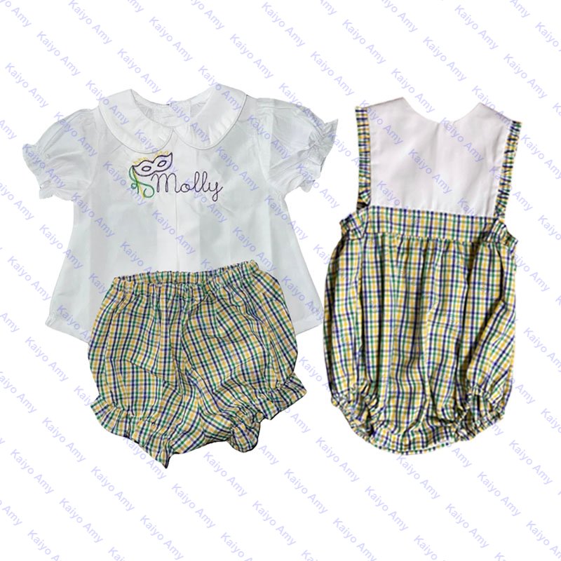 Mardi Gras woven gingham girls ruffle onesie bubble rompers sibling matching baby boys clothing sets newborn clothes wholesale