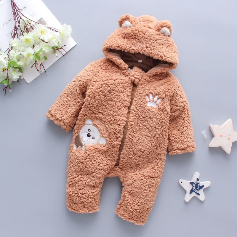 Unisex Winter Baby Jumpsuit Lamb Hair Bear Embroidery Padded Hooded Climbing Clothing Zipper Foreign Trade Children's Clothing
