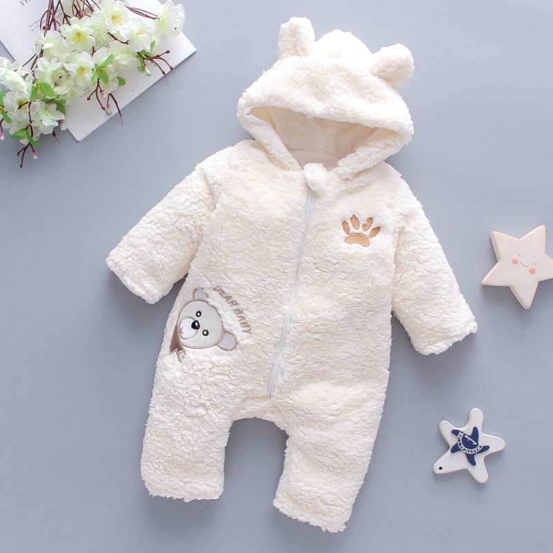 Unisex Winter Baby Jumpsuit Lamb Hair Bear Embroidery Padded Hooded Climbing Clothing Zipper Foreign Trade Children's Clothing
