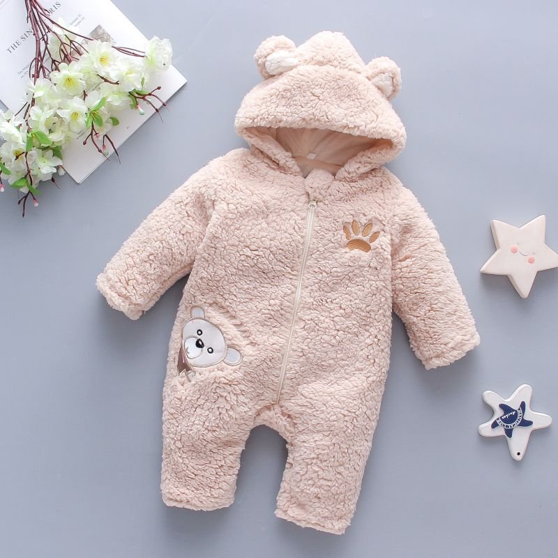 Unisex Winter Baby Jumpsuit Lamb Hair Bear Embroidery Padded Hooded Climbing Clothing Zipper Foreign Trade Children's Clothing