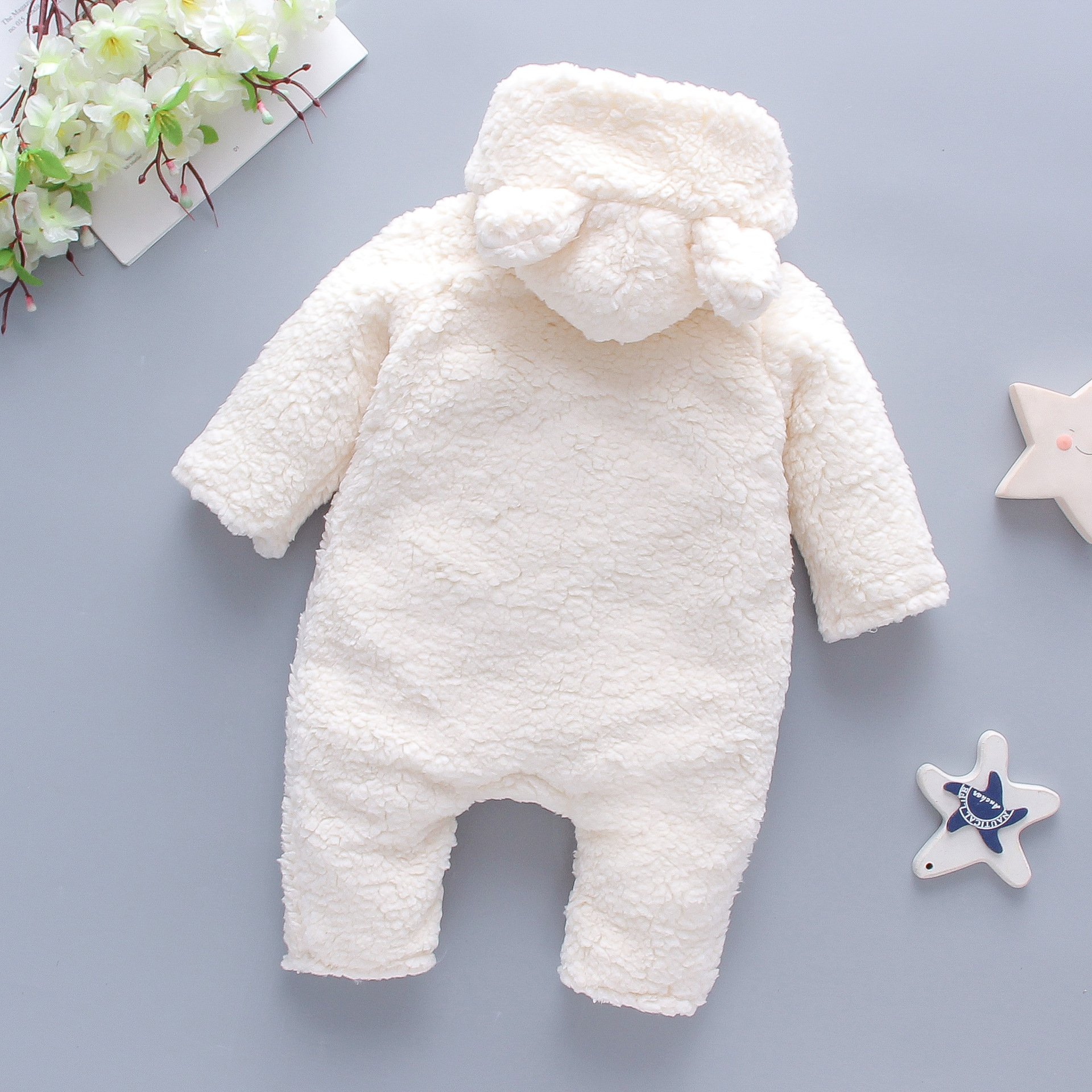 Unisex Winter Baby Jumpsuit Lamb Hair Bear Embroidery Padded Hooded Climbing Clothing Zipper Foreign Trade Children's Clothing