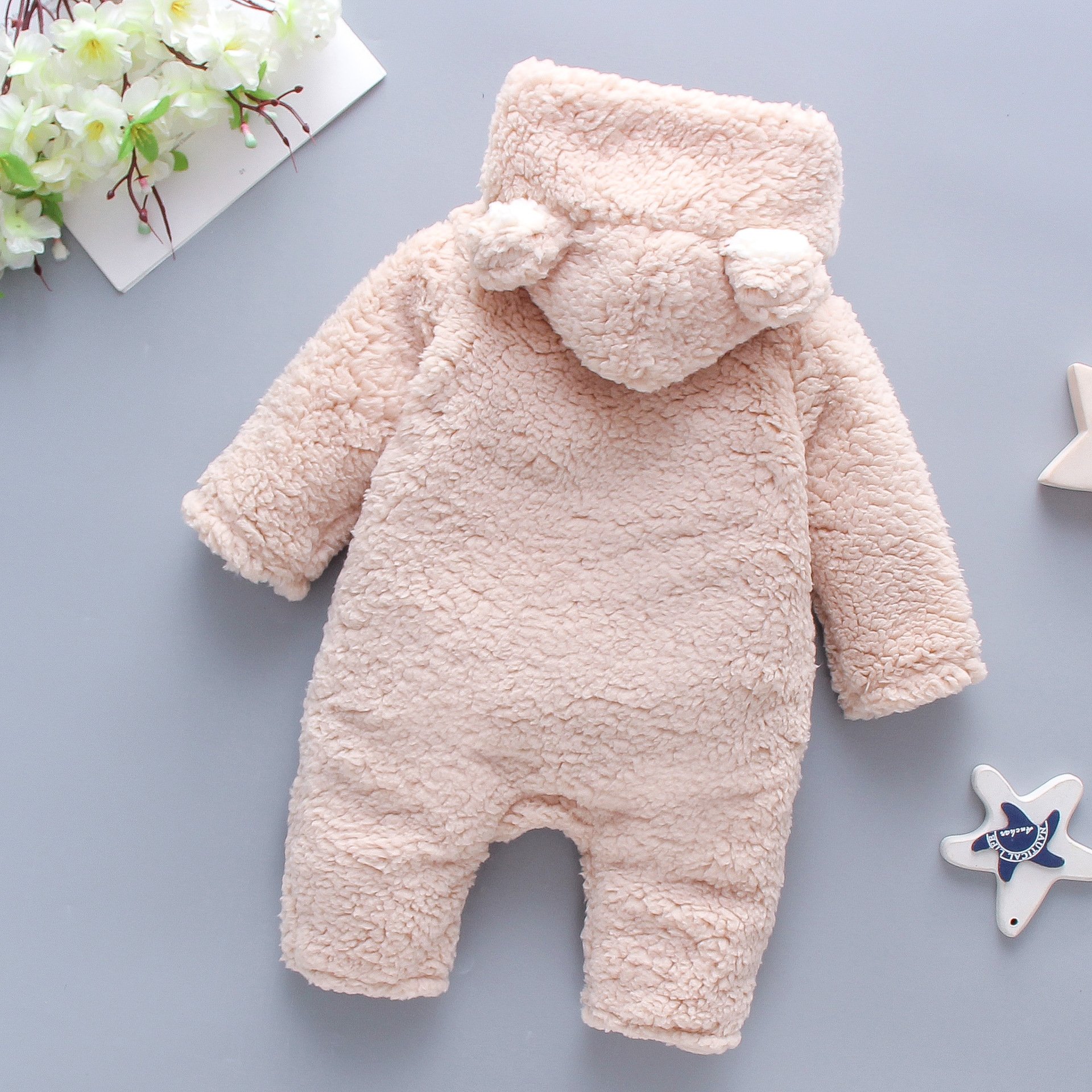 Unisex Winter Baby Jumpsuit Lamb Hair Bear Embroidery Padded Hooded Climbing Clothing Zipper Foreign Trade Children's Clothing