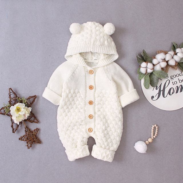 Baby Newborn Hooded Knitted Jumpsuit warm teddy bear romper