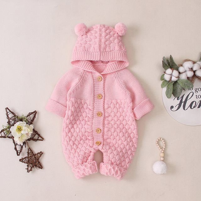 Baby Newborn Hooded Knitted Jumpsuit warm teddy bear romper