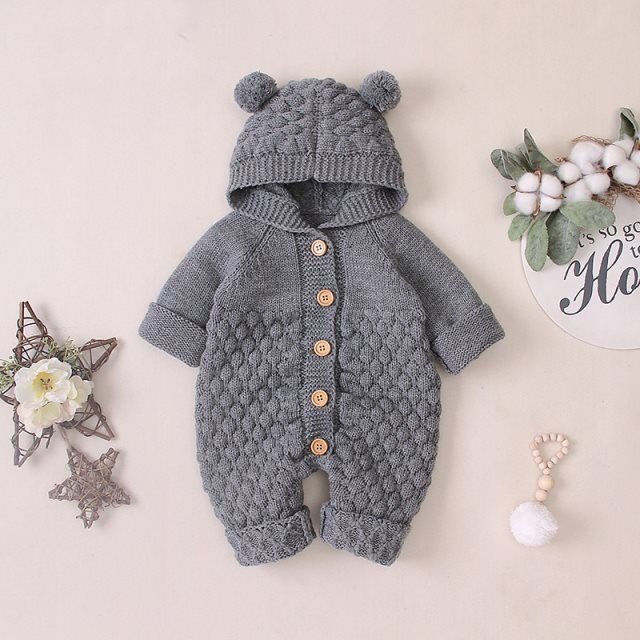 Baby Newborn Hooded Knitted Jumpsuit warm teddy bear romper