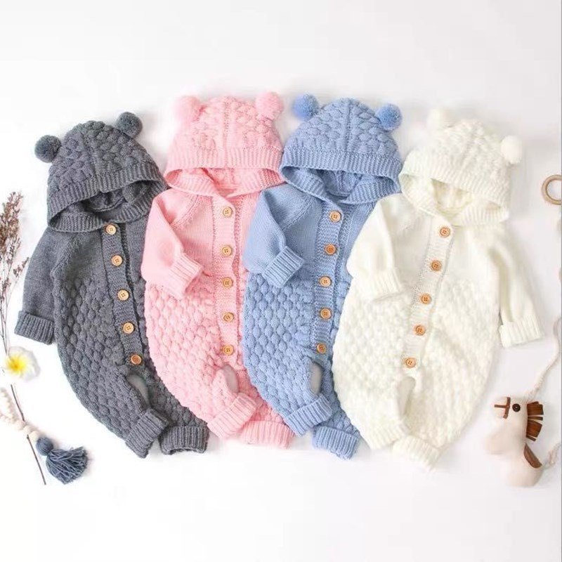 Baby Newborn Hooded Knitted Jumpsuit warm teddy bear romper