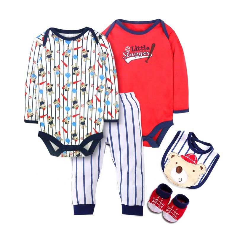 Wholesale Baby Clothes Long Sleeve Infant Bodysuit Cotton Printed Embroidery Baby Cloth Suits Cartoon Unisex Clothing Sets 5pcs