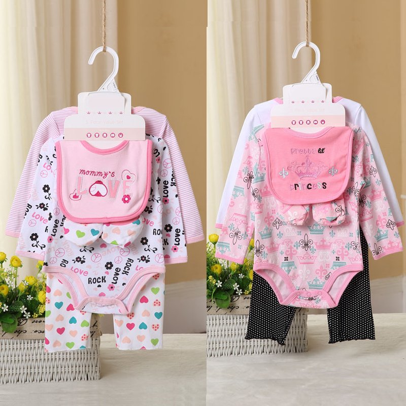 Wholesale Baby Clothes Long Sleeve Infant Bodysuit Cotton Printed Embroidery Baby Cloth Suits Cartoon Unisex Clothing Sets 5pcs