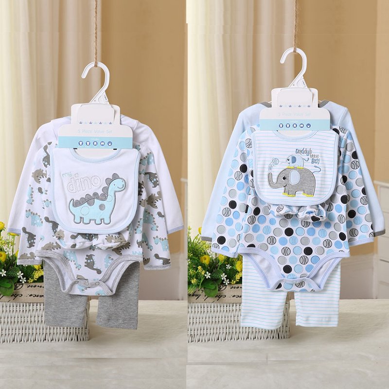 Wholesale Baby Clothes Long Sleeve Infant Bodysuit Cotton Printed Embroidery Baby Cloth Suits Cartoon Unisex Clothing Sets 5pcs
