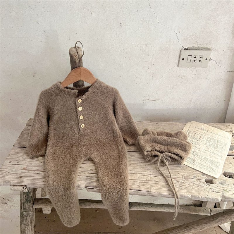Ins Mink Wool Solid Color Baby Knit Romper With Hat Winter Footed Newborn Baby Romper