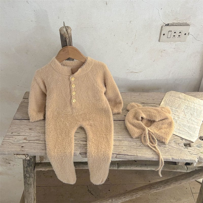 Ins Mink Wool Solid Color Baby Knit Romper With Hat Winter Footed Newborn Baby Romper