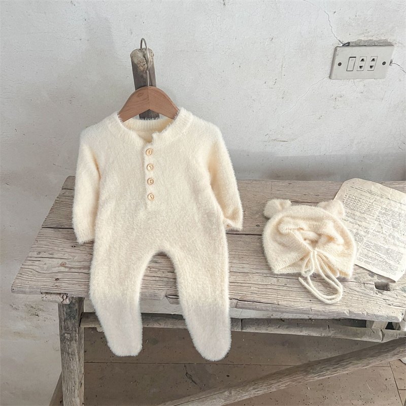 Ins Mink Wool Solid Color Baby Knit Romper With Hat Winter Footed Newborn Baby Romper