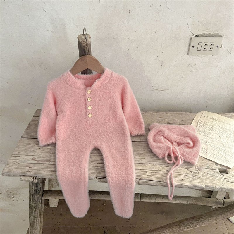 Ins Mink Wool Solid Color Baby Knit Romper With Hat Winter Footed Newborn Baby Romper