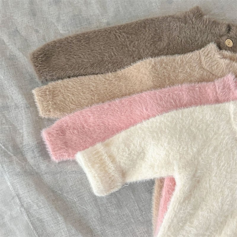 Ins Mink Wool Solid Color Baby Knit Romper With Hat Winter Footed Newborn Baby Romper