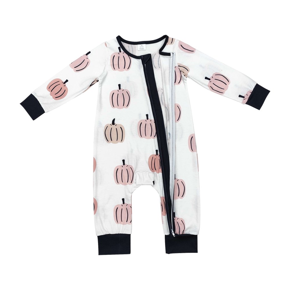 Infant baby boy fall pumpkin long sleeve bamboo zip romper wholesale kids boutique clothes factory price baby romper