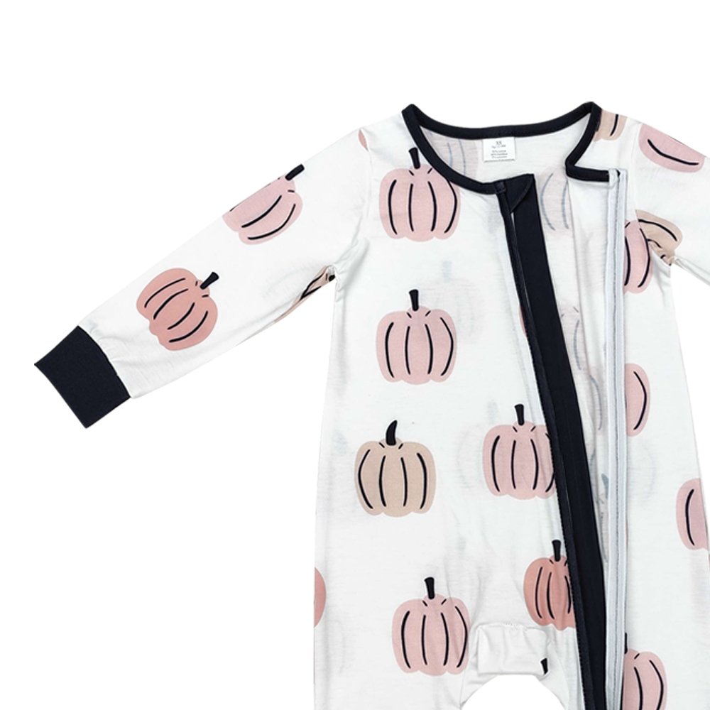 Infant baby boy fall pumpkin long sleeve bamboo zip romper wholesale kids boutique clothes factory price baby romper