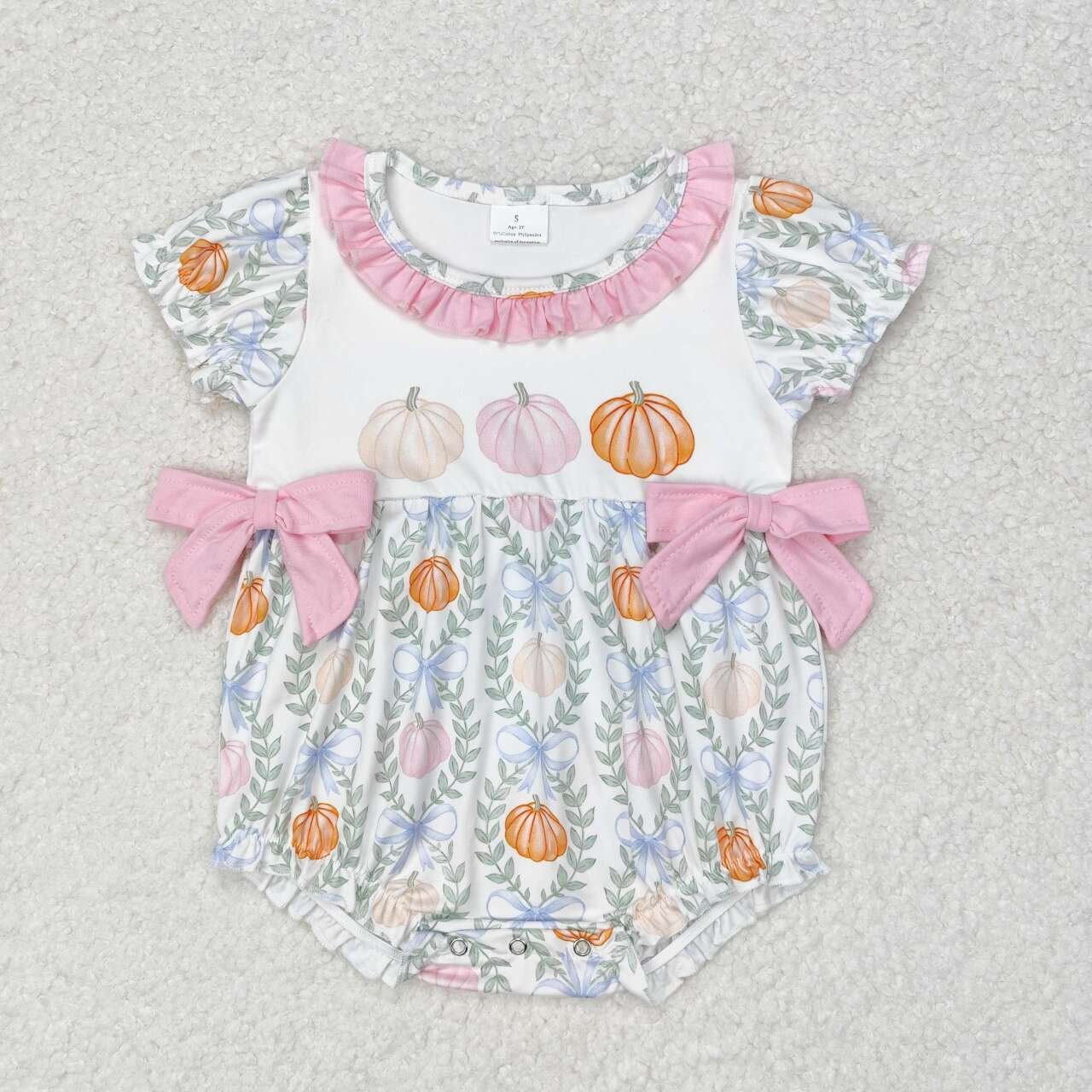 RTS Baby Toddler Newborn Infants Girls Fall Colorful Pumpkins Short Sleeve Bows Round Neck Milk Silk Children Boutique Rompers