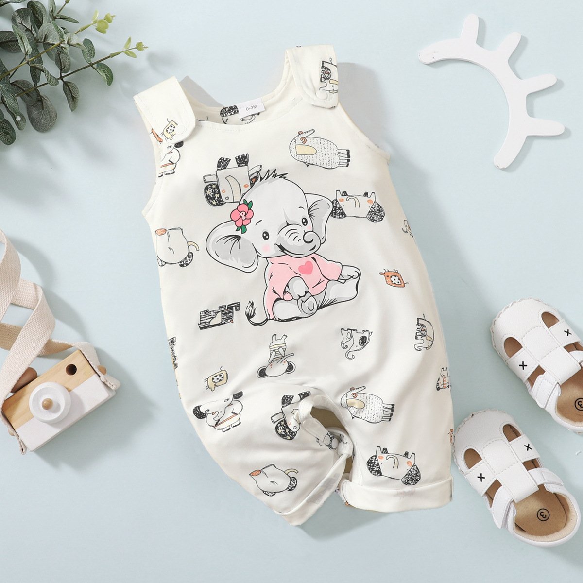 3 Pcs Set Cute Elephant Design Romper Baby Girl + Bow New Born Baby Dress + Hair Band New Style Cotton Child Pants