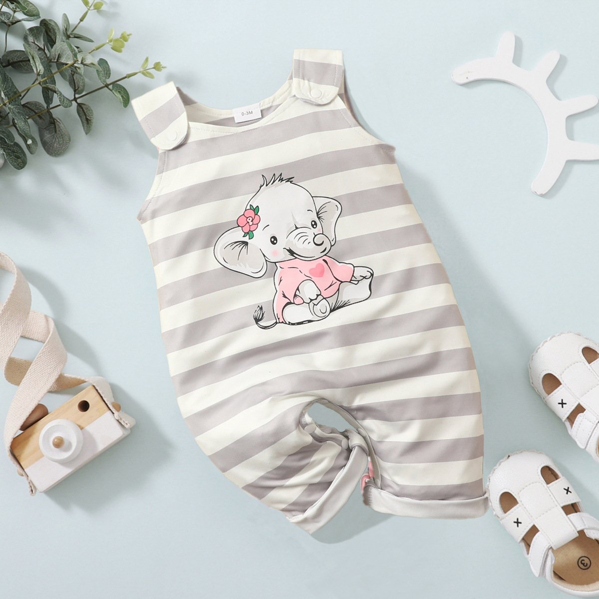 3 Pcs Set Cute Elephant Design Romper Baby Girl + Bow New Born Baby Dress + Hair Band New Style Cotton Child Pants