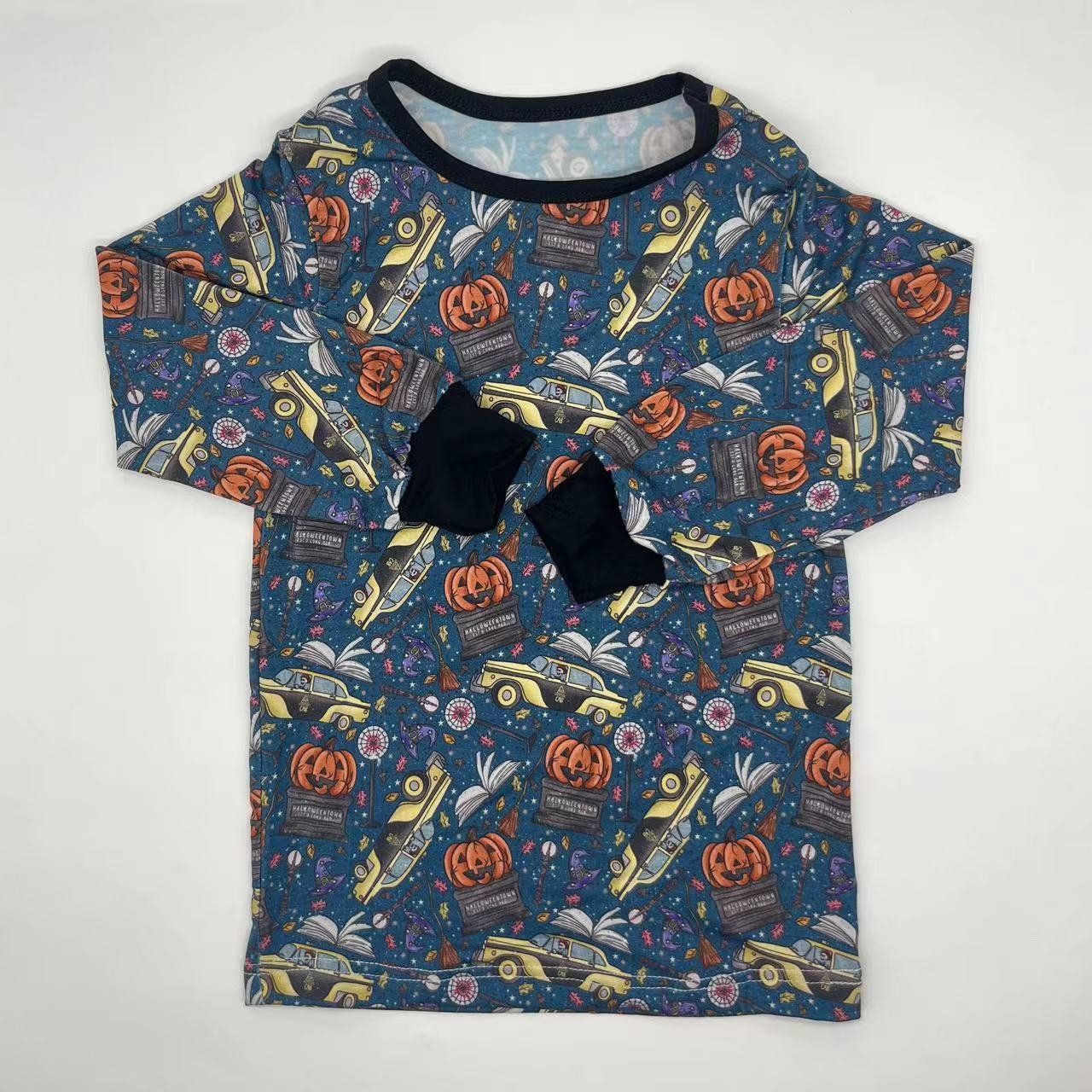 Comfortable bamboo 100%cotton custom Halloween pumpkin printing grip folded cuff newborn baby romper