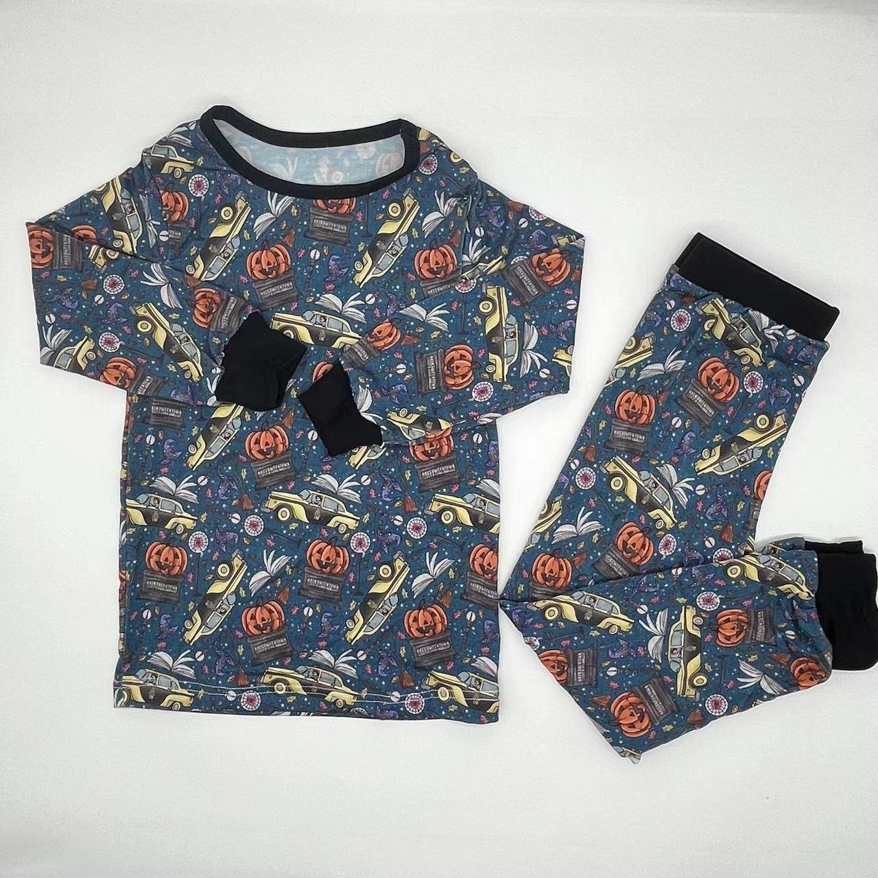Comfortable bamboo 100%cotton custom Halloween pumpkin printing grip folded cuff newborn baby romper