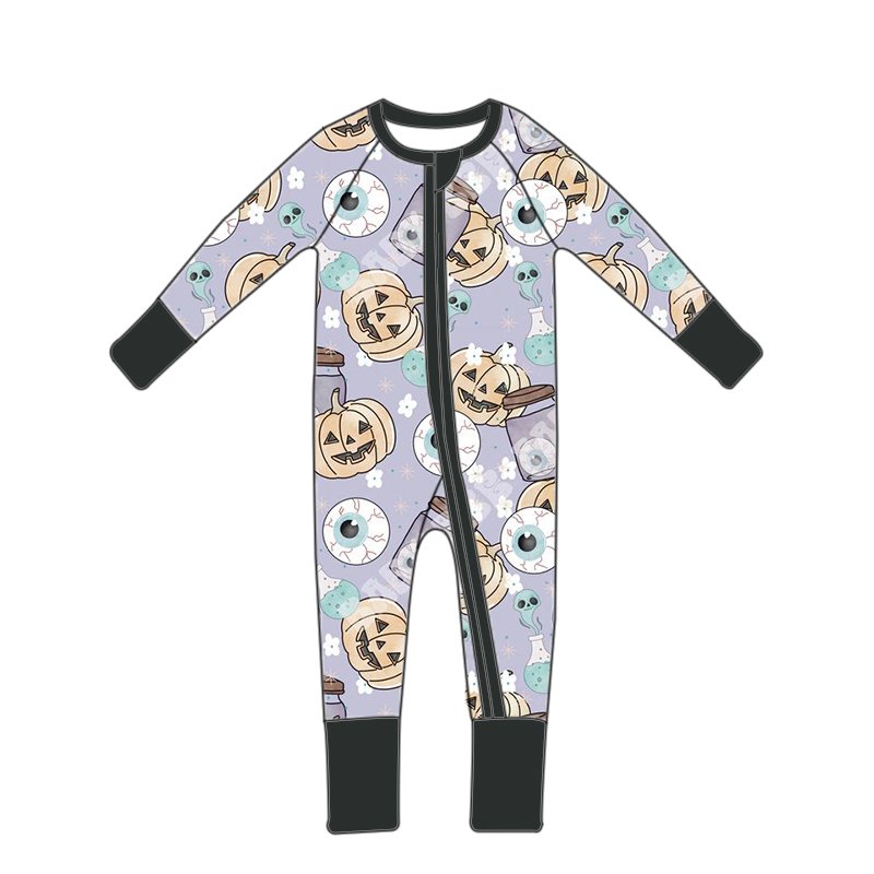 High quality comfortable children's clothing Halloween cartoon printed bamboo fiber pajamas, baby long sleeved YKK zipper romper