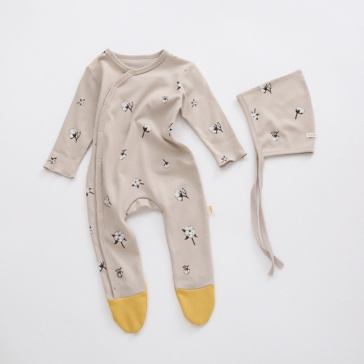 Unisex Cute Pattern Printed Button Baby Rompers Jumpsuits Baby Clothes Long Sleeve Boys Girls Pajamas Baby Footie Romper Hat Set