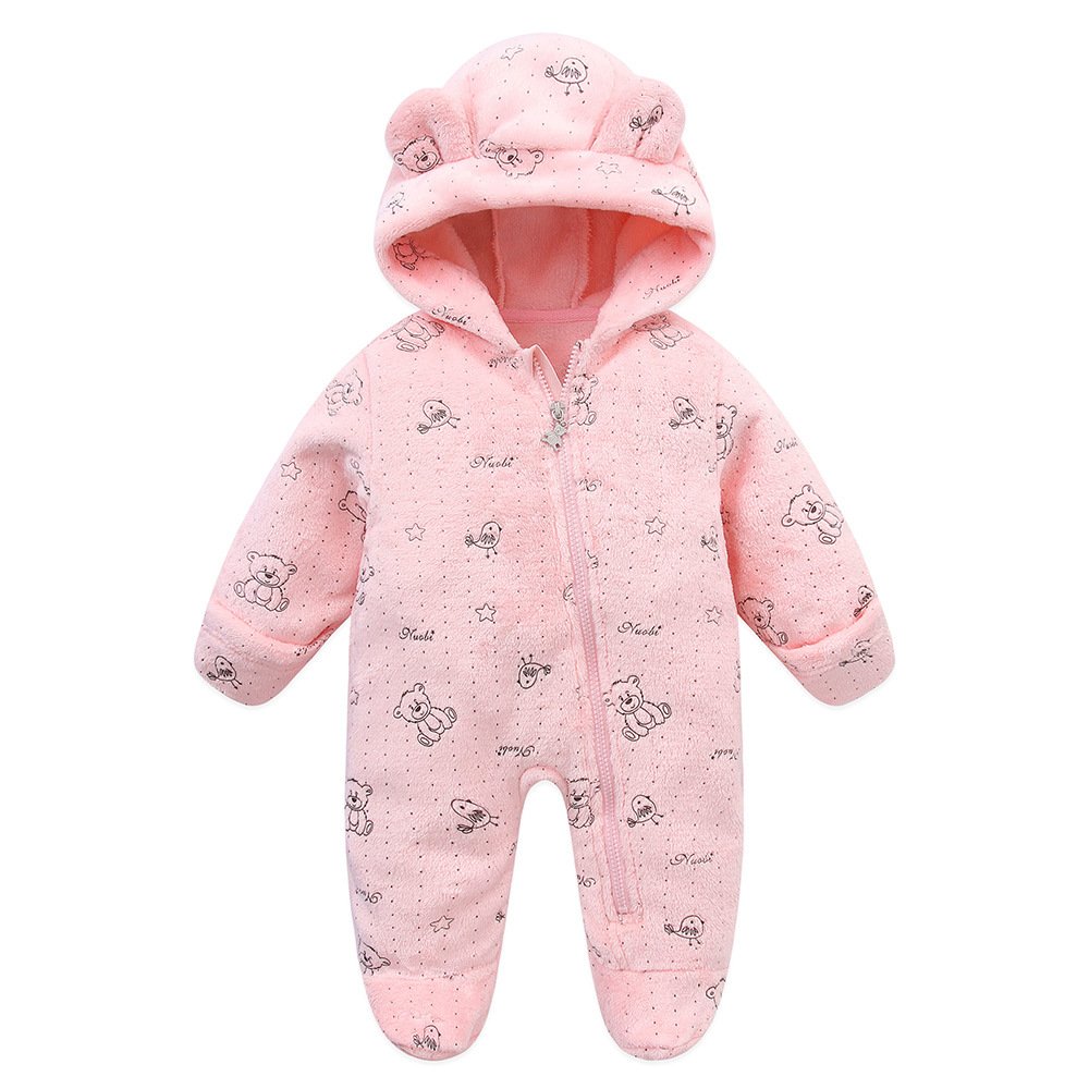 Stock lot plain polyester new born baby footie romper warm clothes long sleeve animal baby winter rompers wholesale