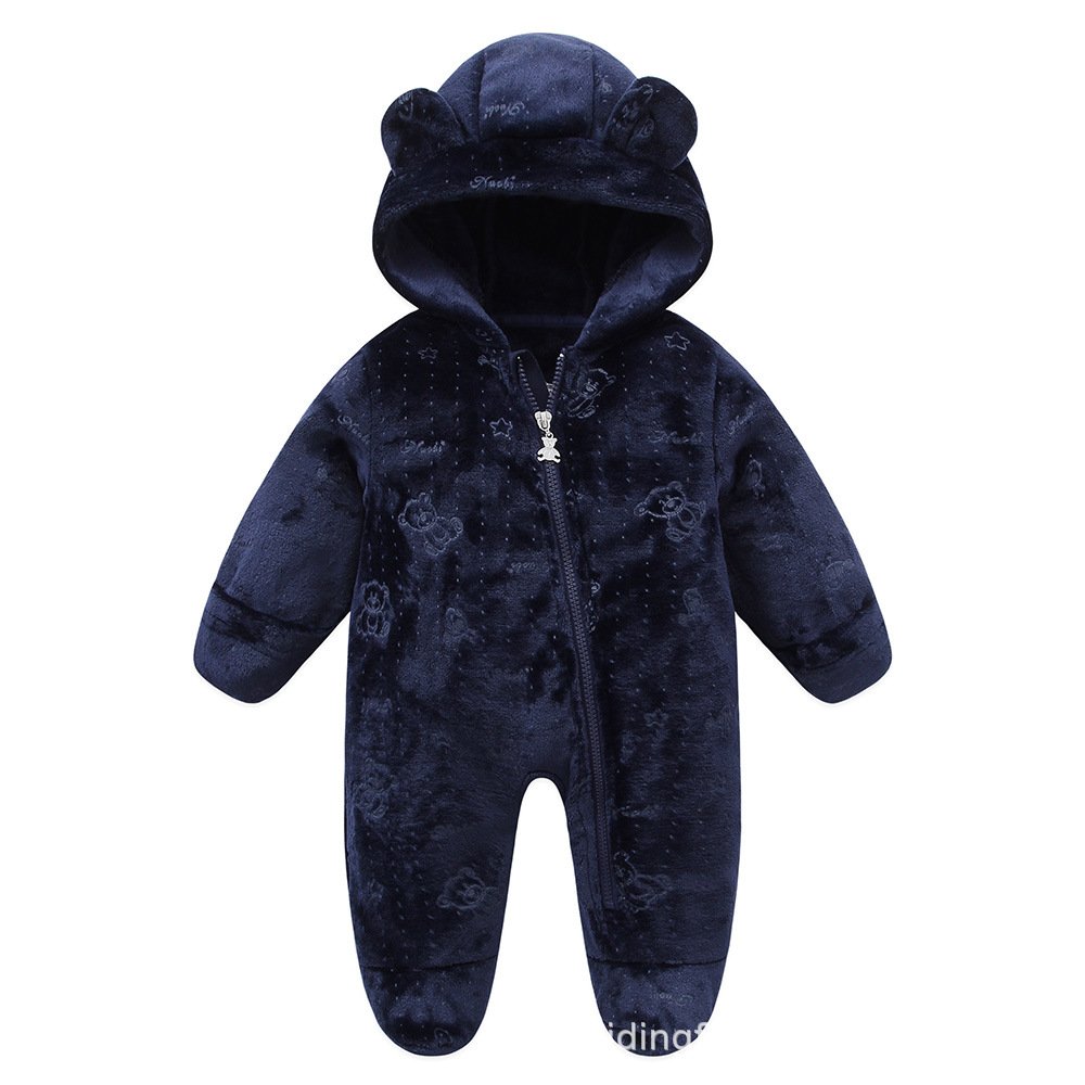 Stock lot plain polyester new born baby footie romper warm clothes long sleeve animal baby winter rompers wholesale