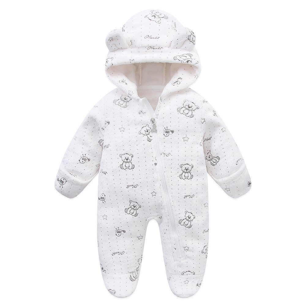 Stock lot plain polyester new born baby footie romper warm clothes long sleeve animal baby winter rompers wholesale