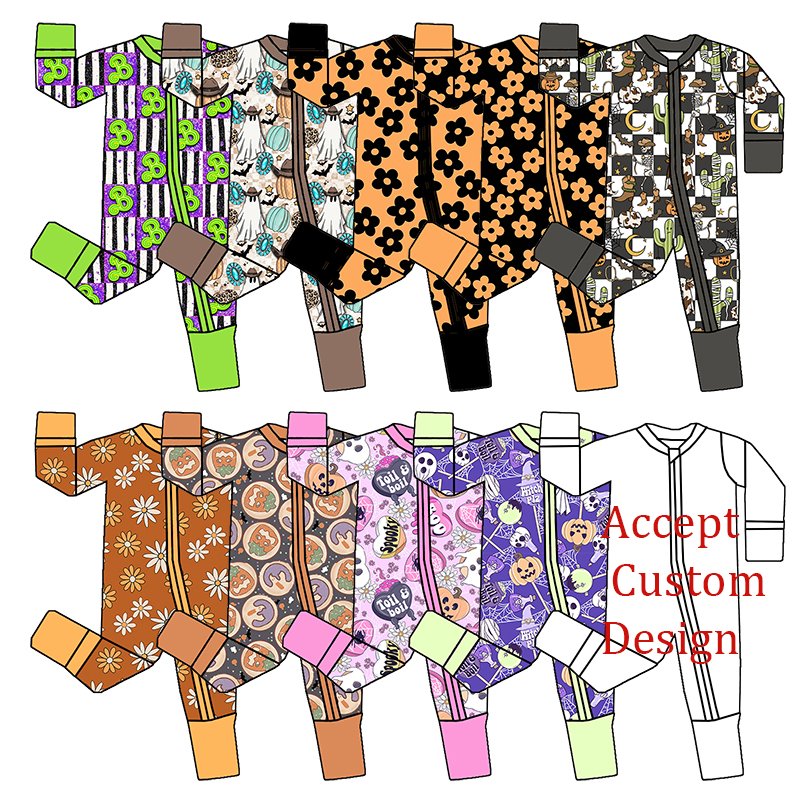 Best Choice 95%bamboo 5%viscose Custom Design Halloween Fall Folded Cuffs one piece Soft baby bamboo pajamas romper