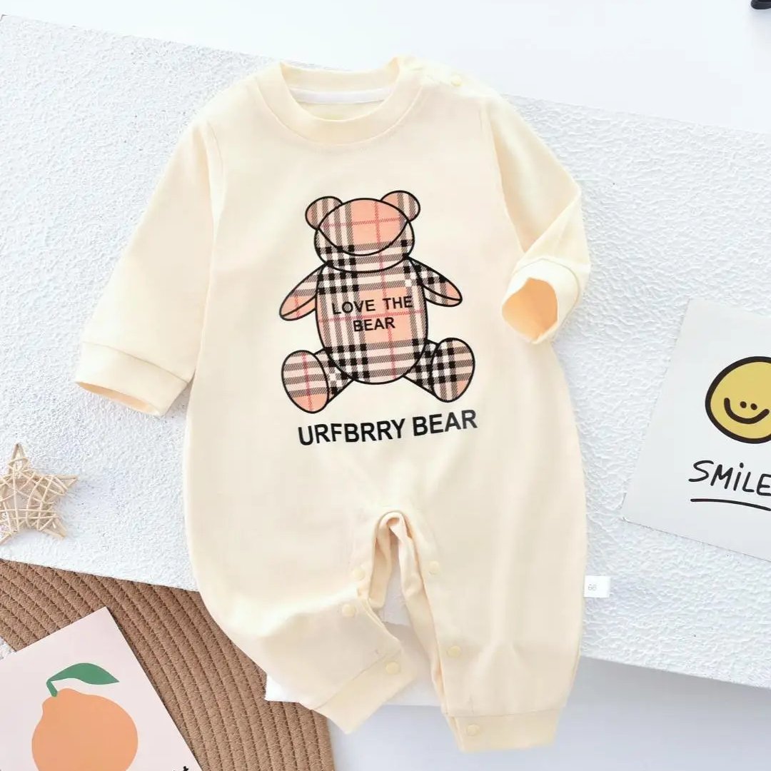 RUNTEN 2024 Newest Design Baby Jumpsuit Children Cotton Long Sleeve Thick Bear Plaid Crawling Suit Toddler Bear Pattern Romper