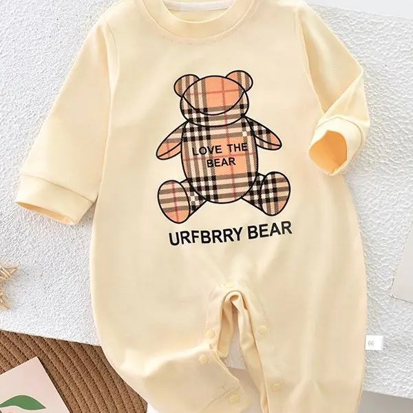RUNTEN 2024 Newest Design Baby Jumpsuit Children Cotton Long Sleeve Thick Bear Plaid Crawling Suit Toddler Bear Pattern Romper