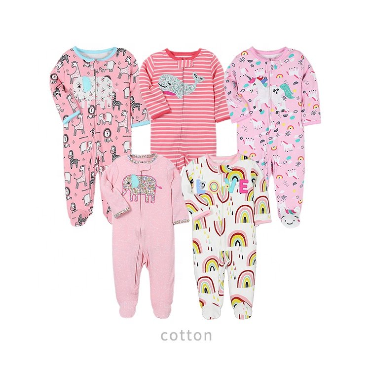 Wholesale Newborn 100% cotton Boys Sleeper Jumpsuit Long Sleeve Infant zipper girl bodysuit baby footed pajamas
