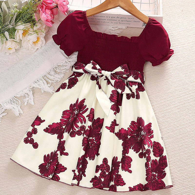 2024 Summer Girls Dress 4-7 Years Casual Short Sleeve Printed Flower Baby Skirts