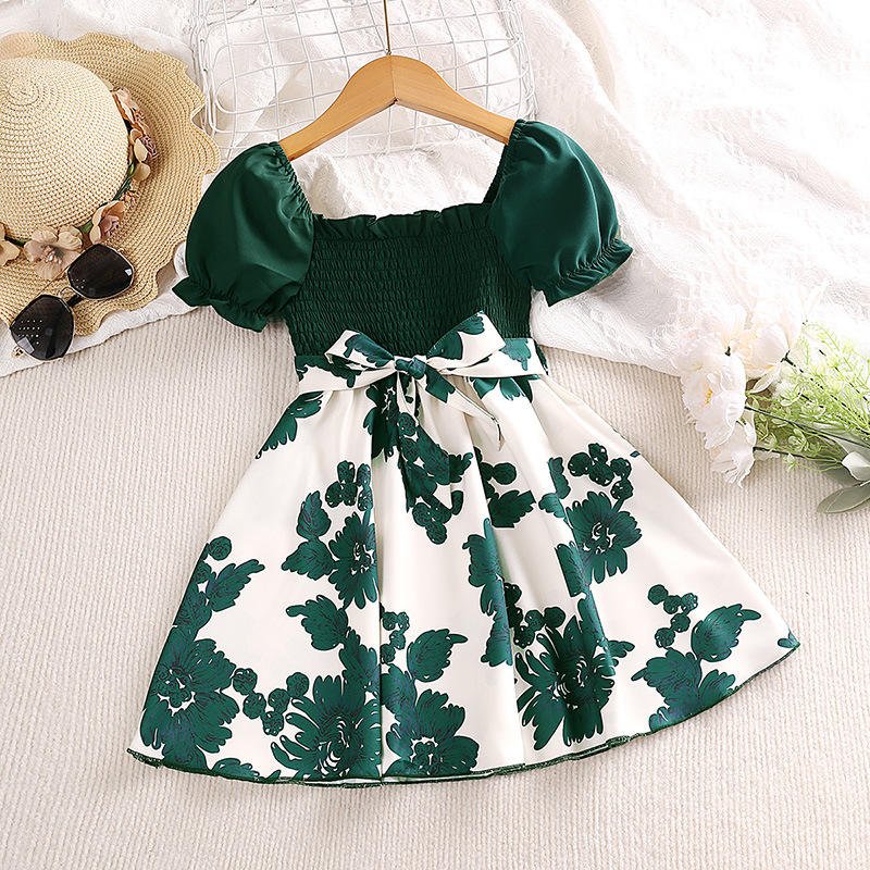 2024 Summer Girls Dress 4-7 Years Casual Short Sleeve Printed Flower Baby Skirts