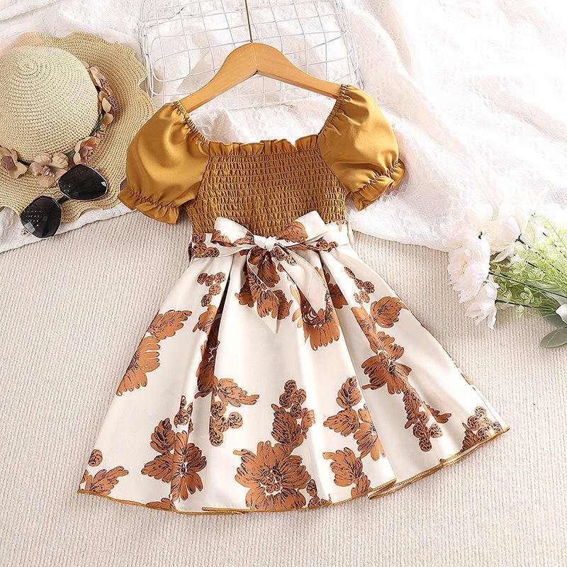 2024 Summer Girls Dress 4-7 Years Casual Short Sleeve Printed Flower Baby Skirts