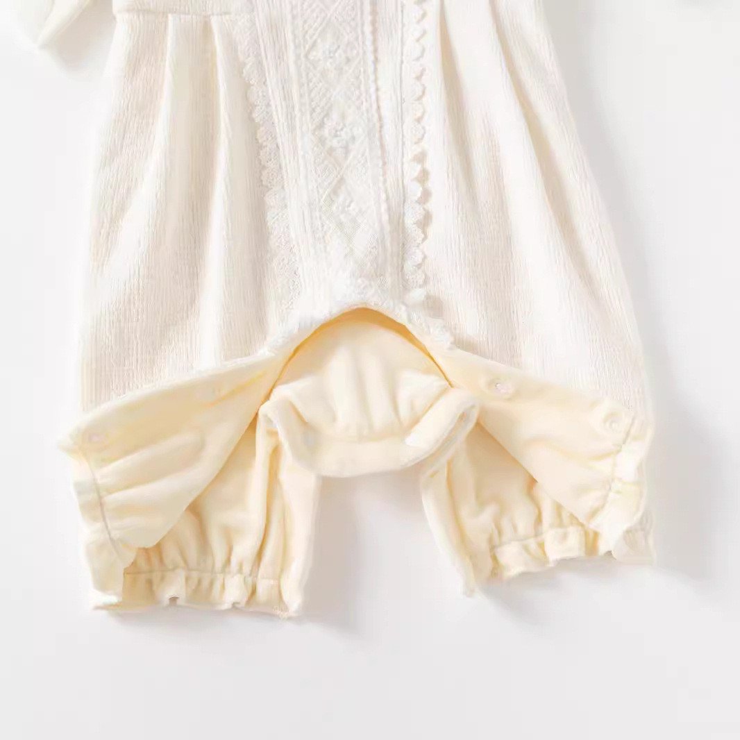 2024 Winter Newborn Baby Girls Solid Lace Jumpsuit, 0-2 Years Boutique Long Sleeves Fleece Lined Warm Baby Rompers Overall