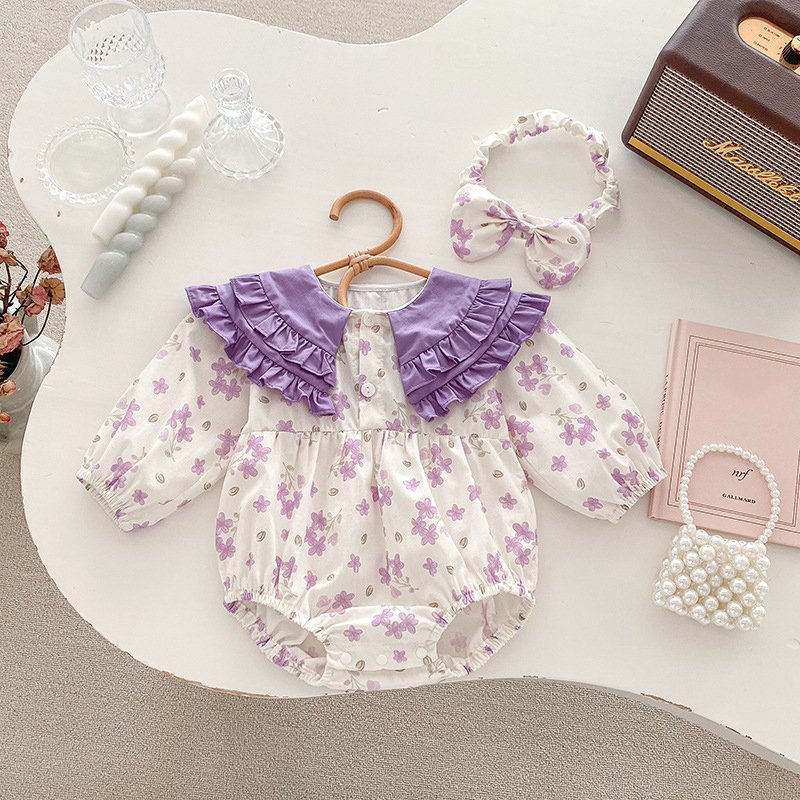 New Arrival 100% Cotton Fabric Adorable Short Sleeve Fancy Flower Print Girl Baby Rompers